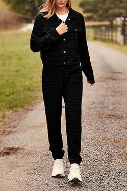 PRETTYGARDEN [Two Piece Set] Shacket Jacket with Sweatpants Tracksuit in Black