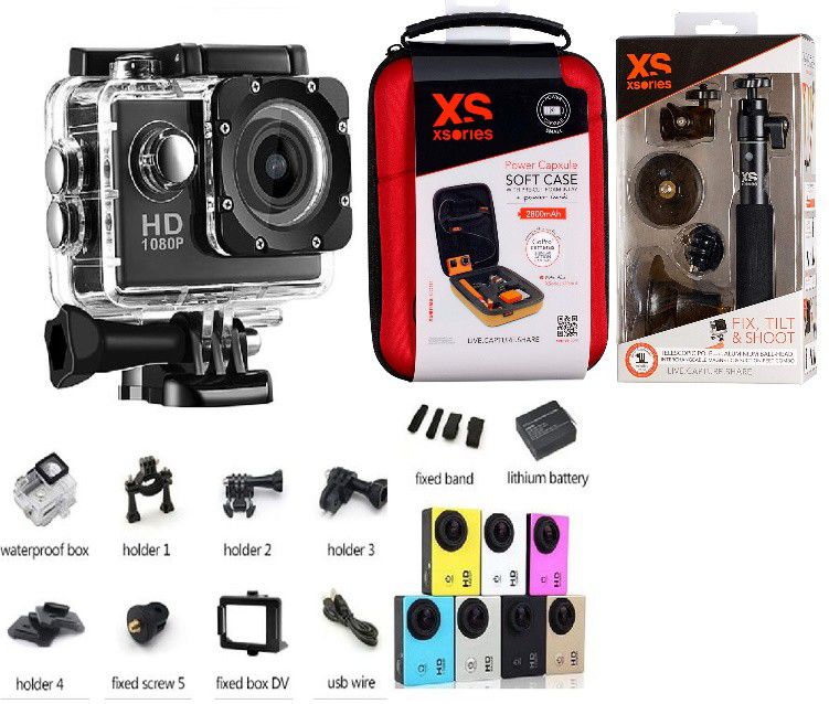 20pc Waterproof Action Camera, 1080p Custom Case, Selfie Stick,Telescopic Pole Magnet, Accessories
