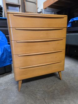 MCM Mid Century Modern Wheat Color 5 Drawer Tallboy Dresser