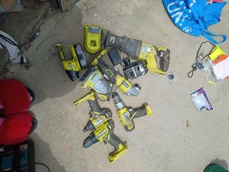 Ryobi 18 volt tool set sawzall flashlight two batteries grinder drill impact and another drill with charger also a sander
