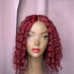 Red, Burgundy Water Wave , Curly Human Hair Wig