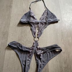 Grey lace halter lingerie with ring detail 
