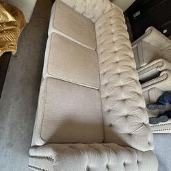 Contemporary Beige Linen Sofa/Couch With Tufted Buttons