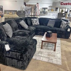 Black Color Fluffy Corduroy Sectional Couch W Chaise ⭐$39 Down Payment with Financing ⭐ 90 Days same as cash