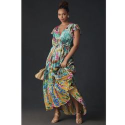 NWT By Anthropologie V-Neck Flutter-Sleeve Dress Size S 