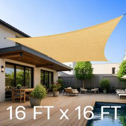 New In Box Large Square 16 X 16 Feet Sun Shade Sail Sand Tan Color With Ropes 