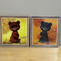Vintage Lee Sonoma Big Eye Baby Bear Wall Plaques/Pictures.- Set of 2 - Read Description 