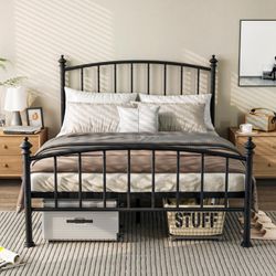Queen Size Metal Platform Bed Frame, Victorian Wrought Iron-Art Design, Classic Black, Mattress Foundation with Headboard & Footboard, Under Bed Stora