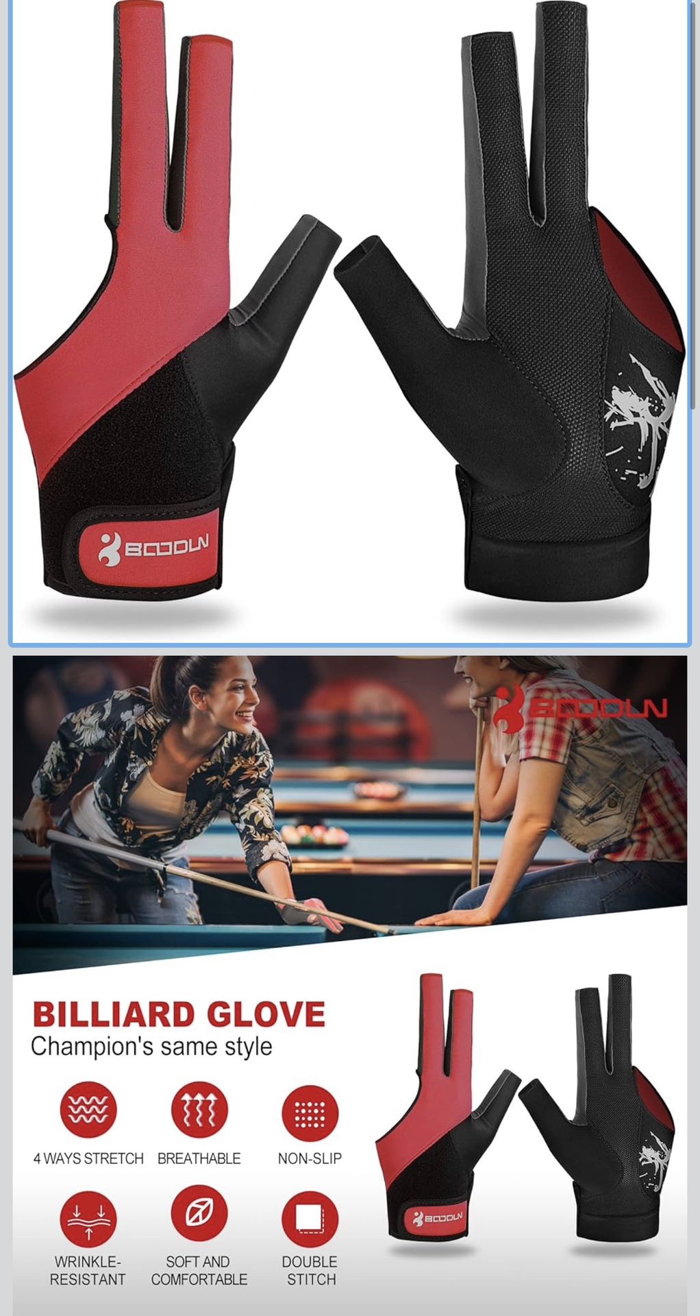 YFY Billiard Pool Gloves for Left Hand 3 Finger, Splicing Process, Snooker Cue Sport Glove Popular Sizes for Men & Women, Size M