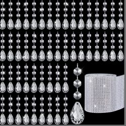 Suncalla 120 Pcs Crystal String Decoration Sets, Hanging Acrylic Octagon Diamond Bead Chain, Teardrop Pendant, 10 Yards Bling Diamond Mesh Rhinestone 