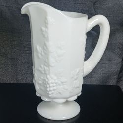 Westmoreland Vintage White Milk Glass Juice Pitcher Paneled Grape Footed, 8"