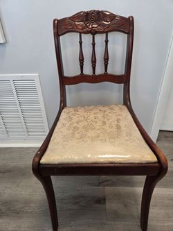 Vintage Mahogany Accent Chair with Carving & Floral Damask Seat