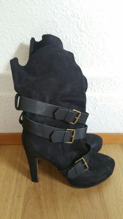 Black Leather 5" Heeled Calf High Boots, Size 10