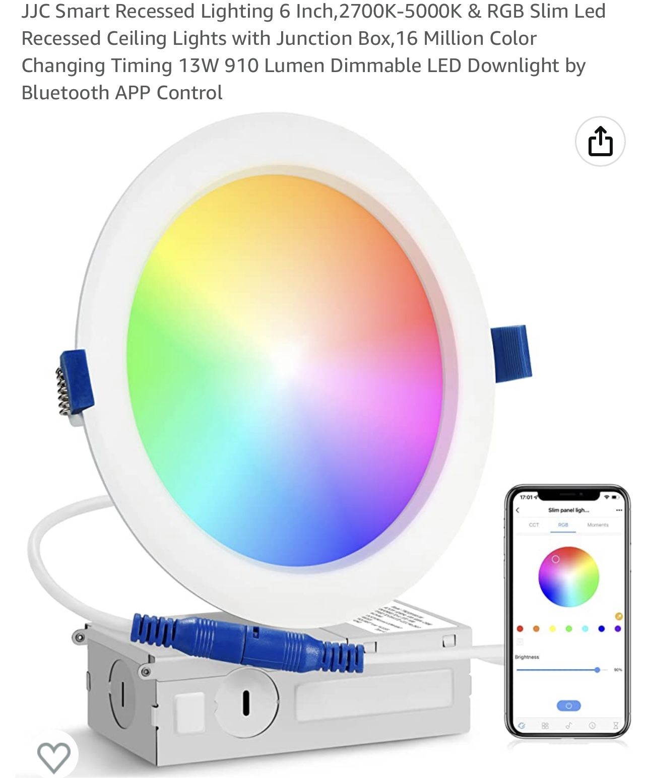 JJC Smart Recessed Lighting 6 Inch,2700K-5000K & RGB Slim Led Recessed Ceiling Lights with Junction Box,16 Million Color Changing Timing 13W 910 Lumen