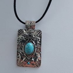 Pendant Necklace Turquoise Color Stone  Silver Metal Black Rope 