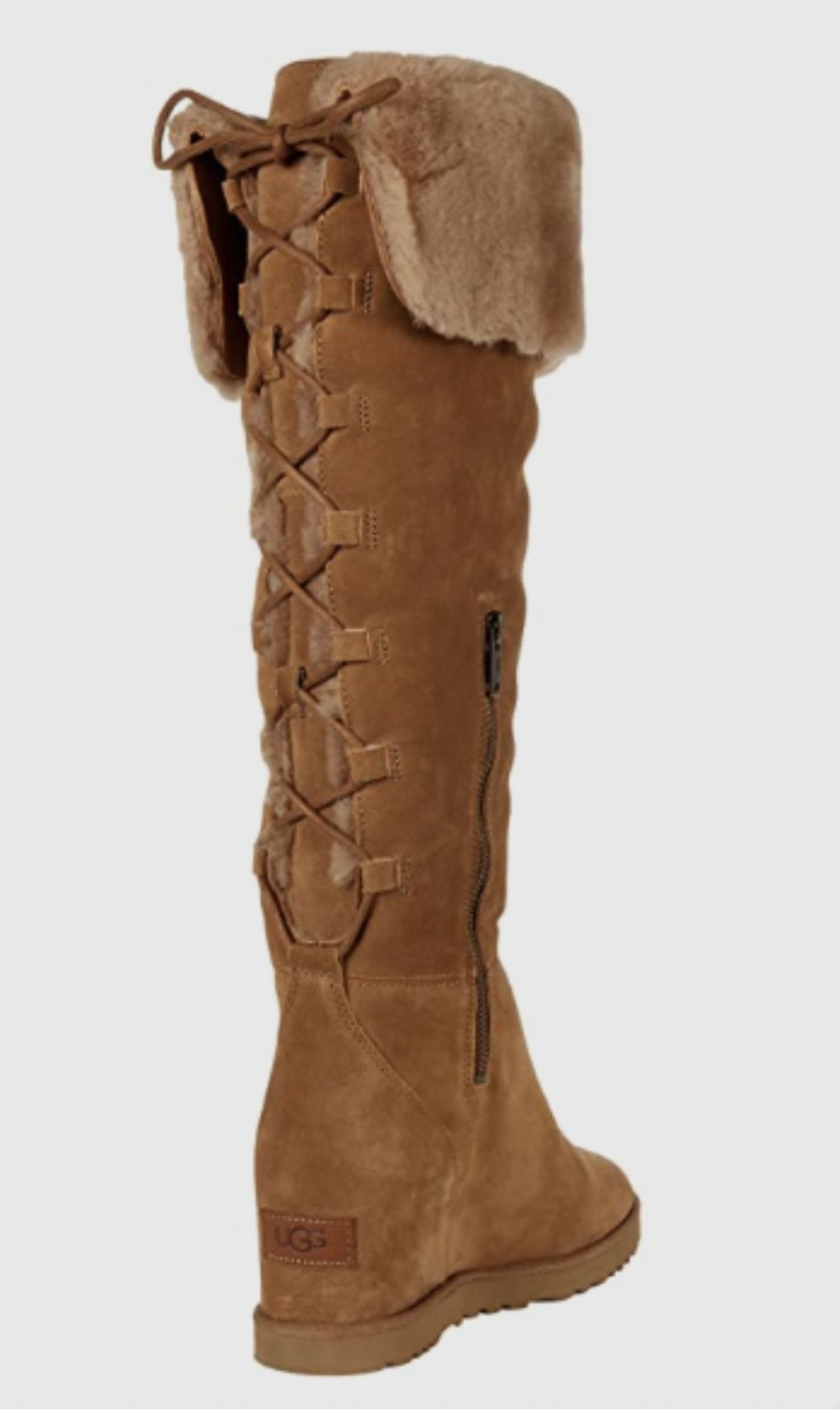 Size 8 UGG Classic Femme Chestnut Genuine Shearling Lace Boots Over-Knee Wedge 