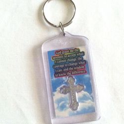 Serenity Prayer key ring plastic with rainbow background and silver cross