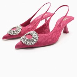 Zara NWT Fuchsia Embellished Heeled Slingbacks size 10