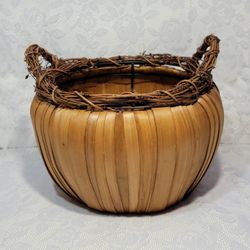 Vintage Rustic Handmade Pumpkin Shape Large Woven Basket Decor Vine Twig Handle