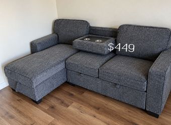 2-Pc Convertible Sectional Sofa With Pullout Bed Foldout Center Pillow with Cupholders