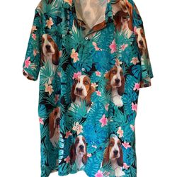 Men’s Funny Bassett Bound Dog Button Up Shirt Short Sleeve Sz Xl