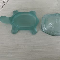 Vintage, Frosted Green Staten Glass Turbo Trinket Ring Jewelry Box. Two Available  