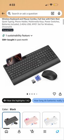 Wireless Keyboard and Mouse Combo, Full Size with Palm Rest Quiet Typing, Phone Holder, Multimedia Keys, Power Switches, Batteries Included, 2.4GHz US