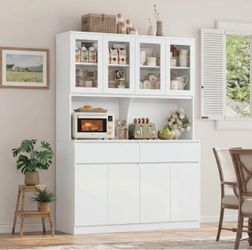 White Kitchen Pantry Storage Cabinet with Glass Doors