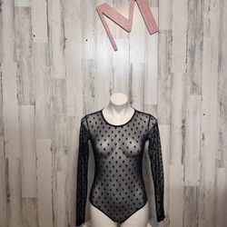 KATE YOUNG Black Mesh Bodysuit Flocked Dot Sheer Fashion Long Sleeve bodysuit Ne