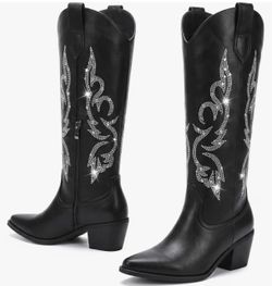 Black Rhinestone Cowboy Knee-High Boots