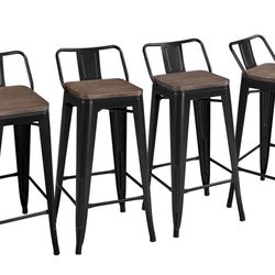 30" Metal Barstools Set of 4 Bar Height Bar Stools with Wooden Top Low Back Industrial Bar Stools Metal Stool for Indoor-Outdoor Counter Stools with W