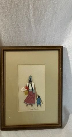 Mexican Framed 3D Collage Art with Fabric and Paper, Market Mother and Child
