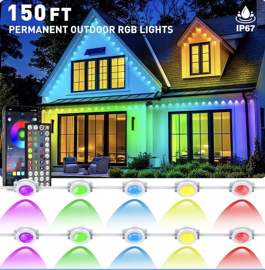 150FT Permanent Outdoor RGB Lights - Waterproof Smart LED Eaves Lights
