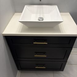 30” Black Solid Wood Vanity w/ Vessel Sink Bowl