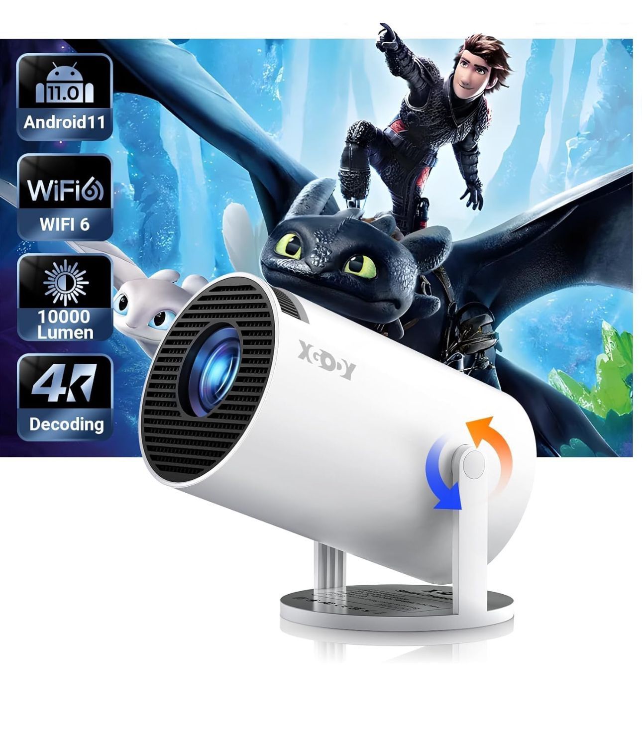 Smart Mini Projector WiFi6 Bluetooth 5.0 XGODY Gimbal 3 Protable Projector 12000L Support 4K with Android TV 11.0, Auto Keystone Correction Video Proj