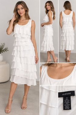 Alfani White Tiered Ruffle Midi Dress Size 10 NWT
