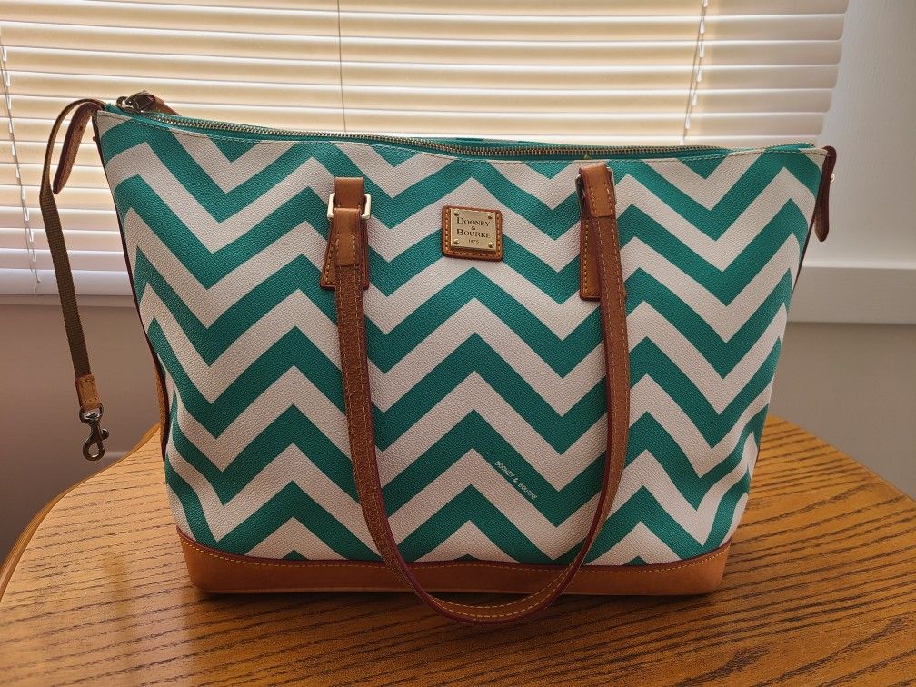 Dooney and Bourke Teal Chevron Tote Bag. Dooney & Bourke Chevron Teal & White Shoulder Tote Bag with Red Interior