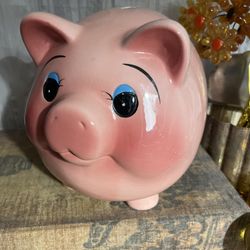 VTG  XL Big Eyed "Pink Piggy" Bank -  Ceramic - Piggy Coin Bank 