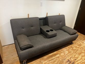 Grey Fabric Futon Sofa with Cup Holders