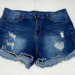 NEW! Sidefeel Women Mid Rise Distressed Frayed Curved Hem Stretchy Denim Shorts Size Large-Sky Blue