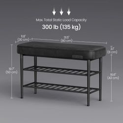 VASAGLE Shoe Rack Bench Storage Bench Leather with Stitching Mid-Century Modern - Black