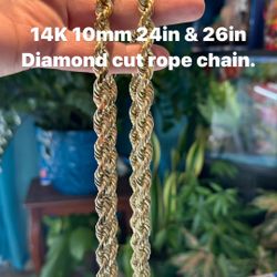 14K 10mm 24in & 26 in diamond cut rope chain. Brand new