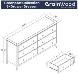 Solid Wood 6-Drawer Dresser - Grain Wood "Greenport" (Brushed White)