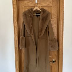 Womens Maje Wool Overcoat with Faux Fur