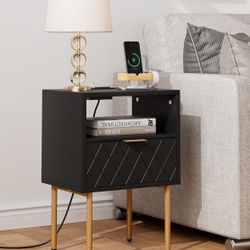  Nightstand with Charging Station,Mid-Century Modern Bedside Table with Storage Drawer and Open Wood Shelf,Small Gold Frame Side Table for Bedroom,Liv