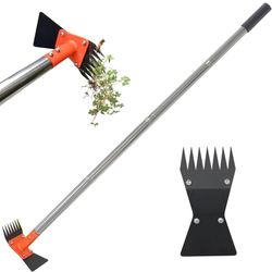2-in-1 Garden Hoe and Weed Puller Rake, 60 Inch Adjustable Long Handle Weeding Tool Heavy Duty Spring Steel Head with Sand Texture Finish, Weed Remove