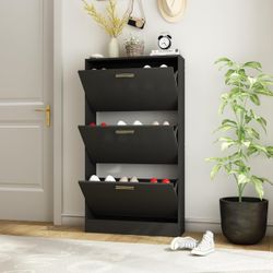 0001BK Shoe Cabinet for Entryway Slim, Narrow Shoe Storage Cabinet with 3 Flip Drawers, Wood Hidden Shoe Storage, Freestanding Shoe Organizer Cabinet 