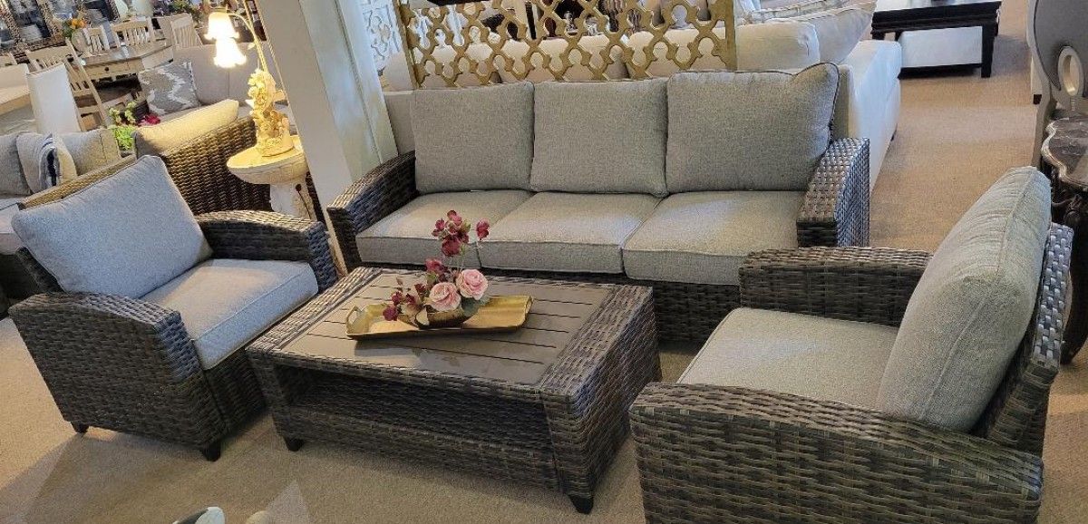 Outdoor Patio Sofa, 2 Chairs, & Coffee Table In Grey