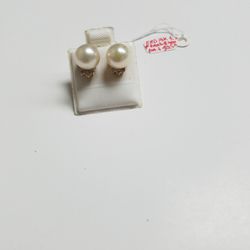 14K Yellow Gold Pearl With Diamond Earrings