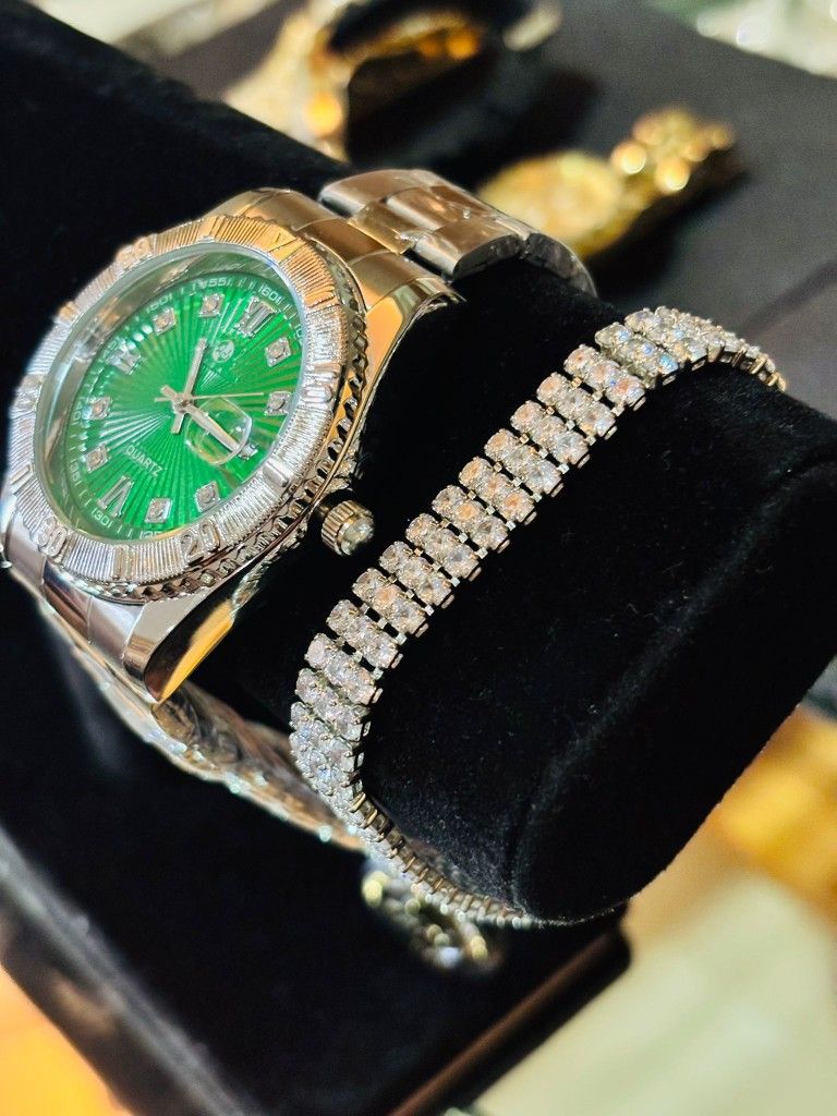 Silver Watch, Green And Diamond Dial